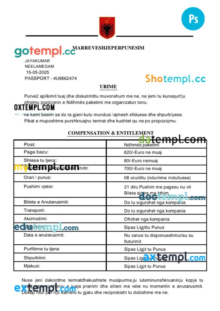 Albania work visa permit template in PSD format, 3 pages - Image 3