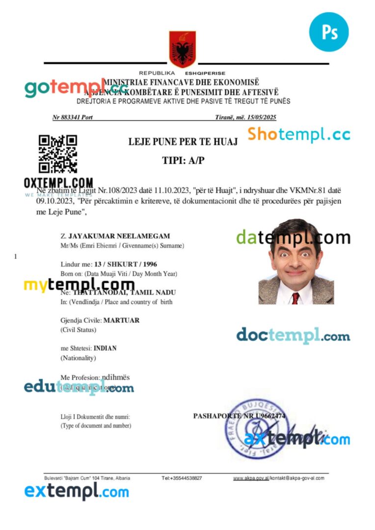 Albania work visa permit template in PSD format, 3 pages - Image 2