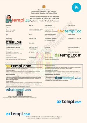 Andorra work visa permit template in PSD format