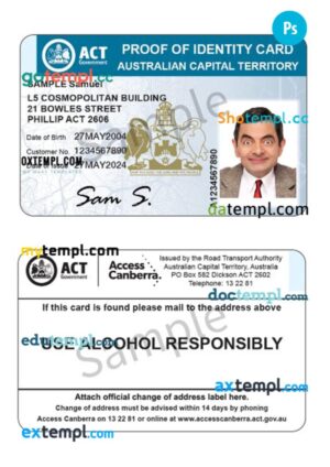 Australia Capital Territory proof of ID card template in PSD format