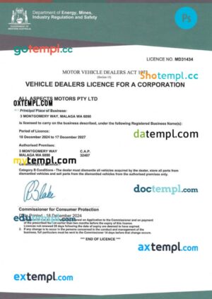 Australia car dealers license template in PSD format
