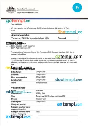 Australia work permit template in PSD format