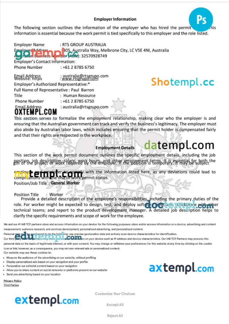 Australia work permit template in PSD format, 4 pages - Image 4