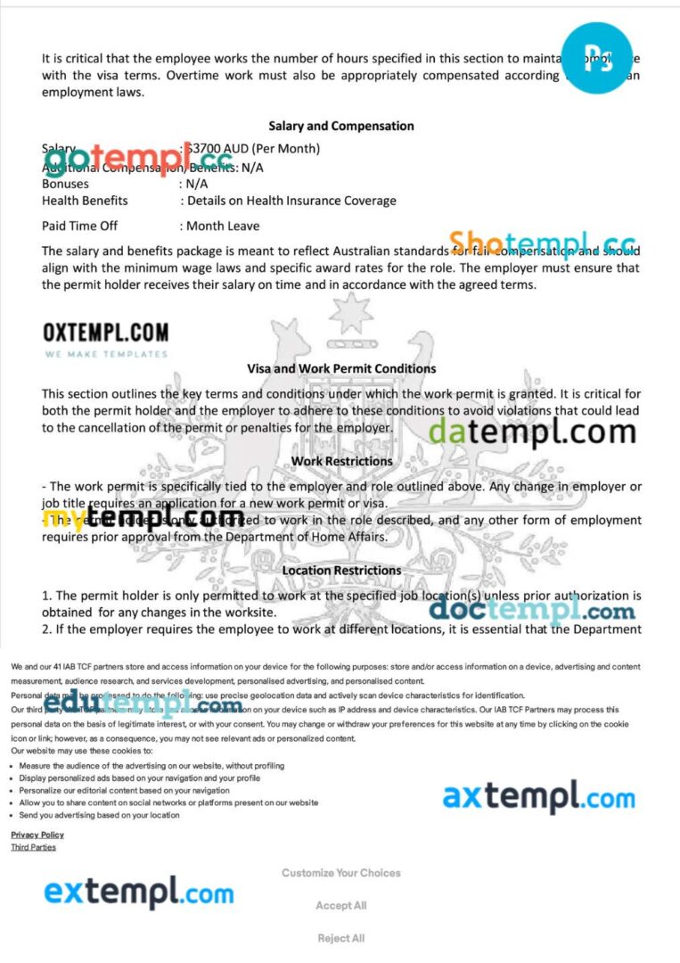 Australia work permit template in PSD format, 4 pages - Image 3