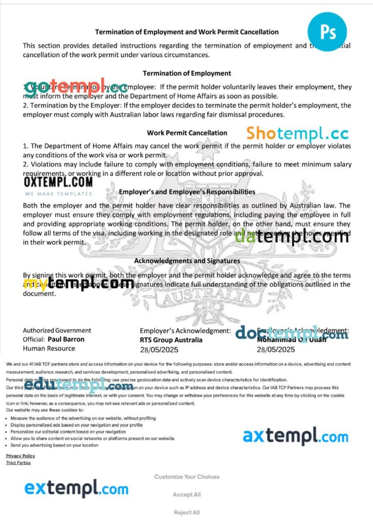 Australia work permit template in PSD format, 4 pages - Image 2