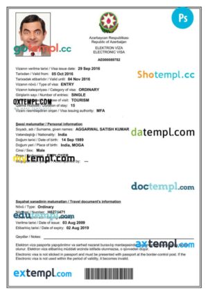 Azerbaijan work visa permit template in PSD format