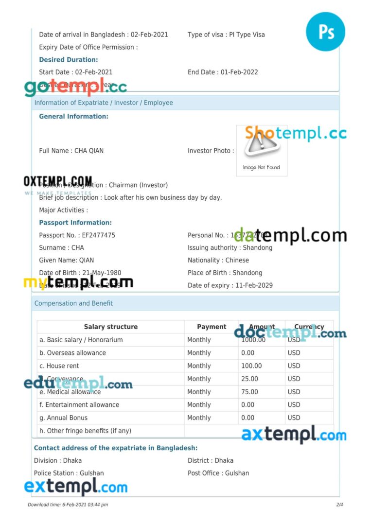 Bangladesh work permit template in PSD format, 4 pages - Image 4