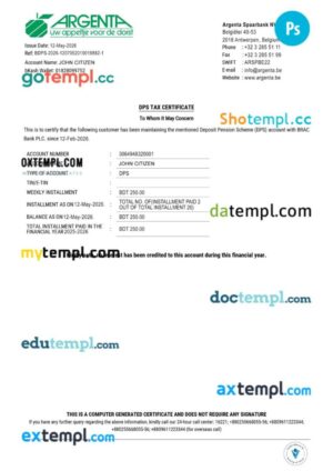 Belgium Argenta bank tax certificate template in Word and PDF formats