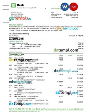 Canada TD Bank Statement template in Word and PDF format, 4 pages
