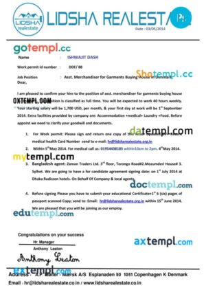 Denmark Lidsha realestate company work permit template in PSD format, 2 pages