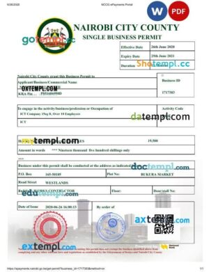 Kenya Nairobi City County Business Permit PSD template