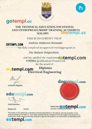 Malawi University of Malawi diploma template in PSD format
