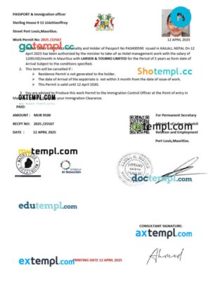 Mauritius work permit template in PSD format