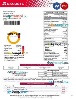 Mexico Banorte bank statement template in Word and PDF format, 3 pages