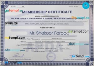 Pakistan car dealers license template in PSD format
