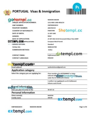 Portugal work visa permit template in PSD format
