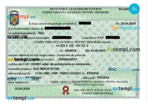 Romania work visa permit template in PSD format