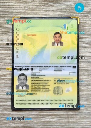 Rwanda passport PSD files with address page, scan and photo-realistic look, 2019-present