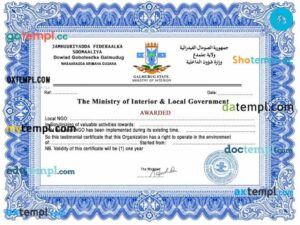 Somalia Galmudug State Ministry of Interior Certificate of Registration PSD template