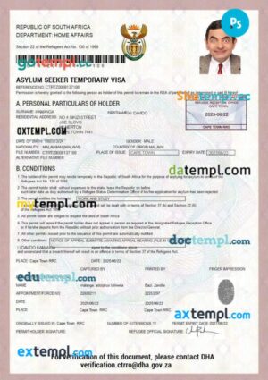 South Africa temporary visa template in PSD format