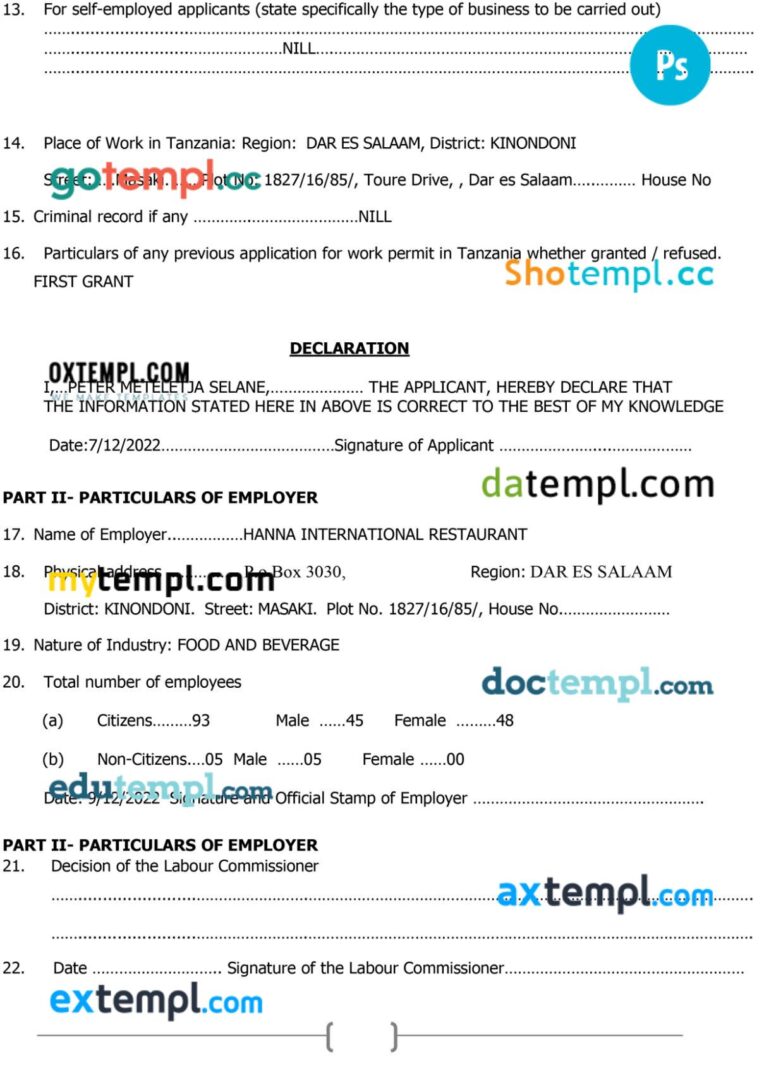 Tanzania work permit template in PSD format, 2 pages - Image 2
