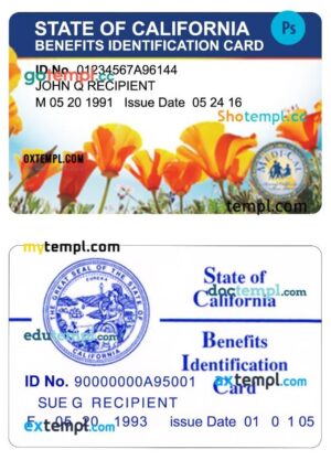 USA California Benefits Identification Card template in PSD format