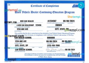 USA California vehicle dealers license template in PSD format