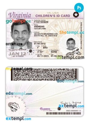 USA Virginia children's ID card PSD template