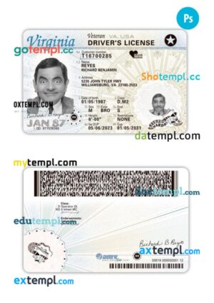 USA Virginia driving license PSD editable template, 2023-present