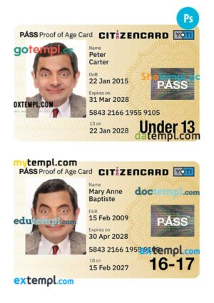 United Kingdom proof of age card for under 13 and 16-17 years template in PSD format