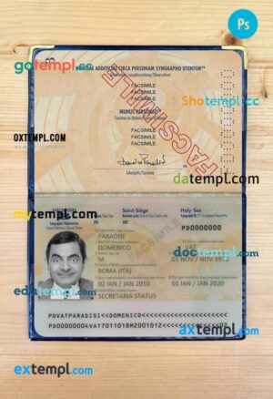 Vatican diplomatic passport PSD files with address page, scan and photo-realistic look