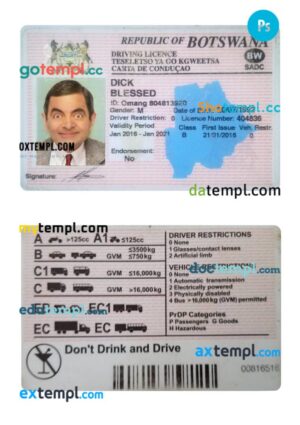 Botswana driving license PSD editable template, 2016-present