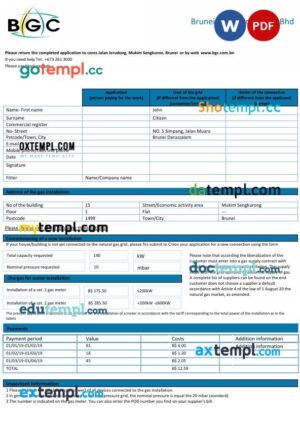 Brunei Gas Carriers Sdn Bhd Natural gas utility bill in Word and PDF format
