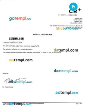 Canada CR+ Crossroads Clinics medical certificate in PSD format