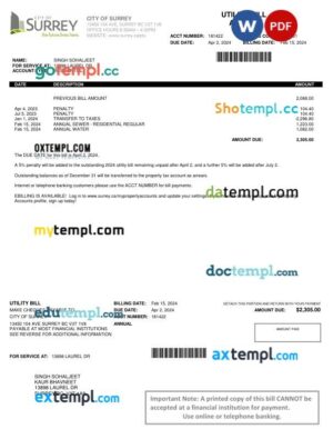 Canada Surrey, British Columbia water bill in Word and PDF format