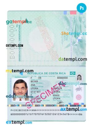 Costa Rica passport PSD template, 2022-present