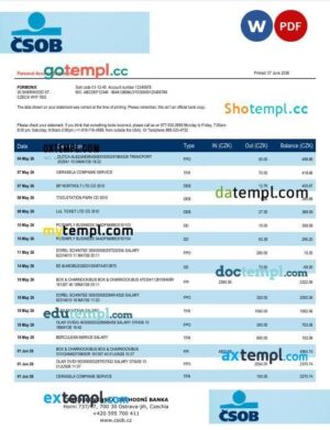 Czech Republic CSOB bank statement template in Word and PDF format