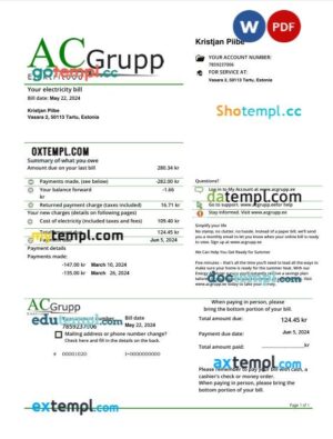 Estonia AC Grupp electricity utility bill in Word and PDF format