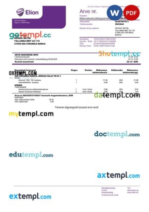 Estonia Elion (AS Eesti Telekom) telecom utility bill in Word and PDF format