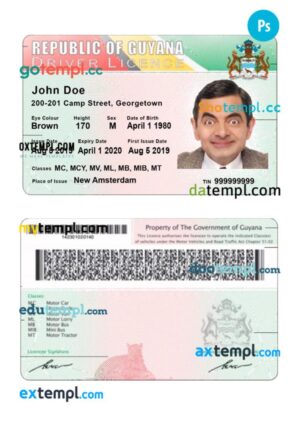 Guyana driving license PSD editable template, 2019-present