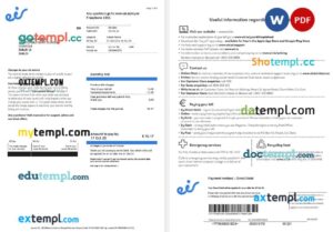 Ireland Eir mobile telecom utility bill in Word and PDF format, 8 pages
