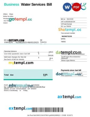 Ireland Uisce Éireann Water Services utility bill in Word and PDF format