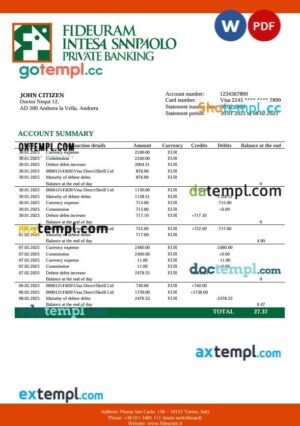 Italy Fideuram bank statement template in Word and PDF format