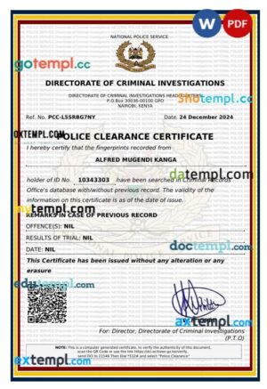 Kenya Police Clearance certificate template in Word and PDF format