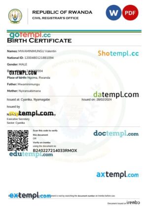 Rwanda birth certificate in Word and PDF format, version 2