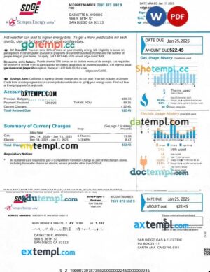 USA San Diego Gas & Electric (SDG&E) utility bill in Word and PDF format