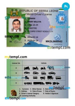 Sierra Leone driving license PSD editable template, 2019-present