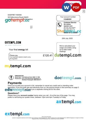 UK NPower energy utility bill in Word and PDF format