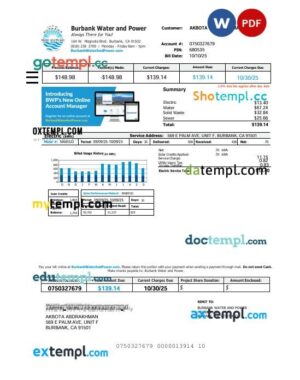 USA Burbank Water and Power utility bill in Word and PDF format
