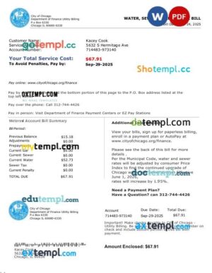 USA City of Chicago Water, Sewer, Garbage, Tax utility Bill in Word and PDF format